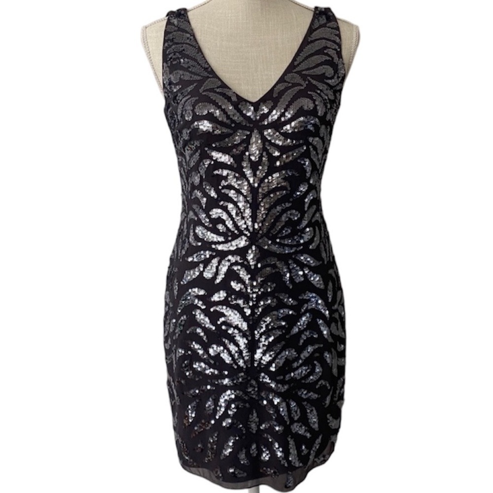 Aidan Mattox Silk Sequin Mini Dress Charcoal US2